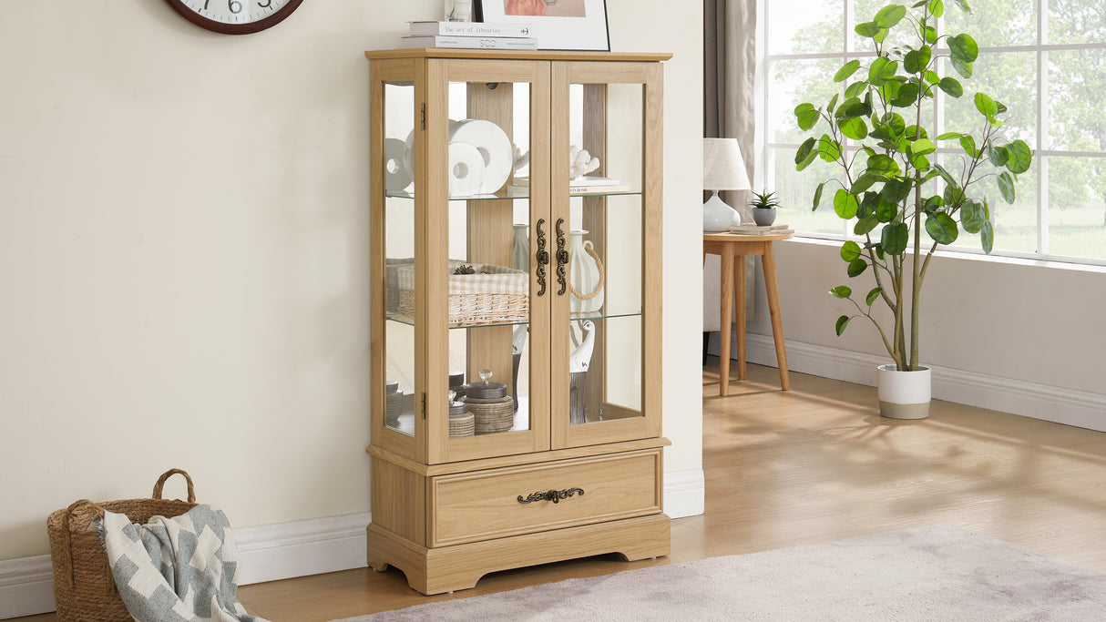 Light colored glass cabinet with adjustable glass frame, including cabinet light bulbs OAK with 2 doors and 1 drawer - V.I.P Digital Presence
