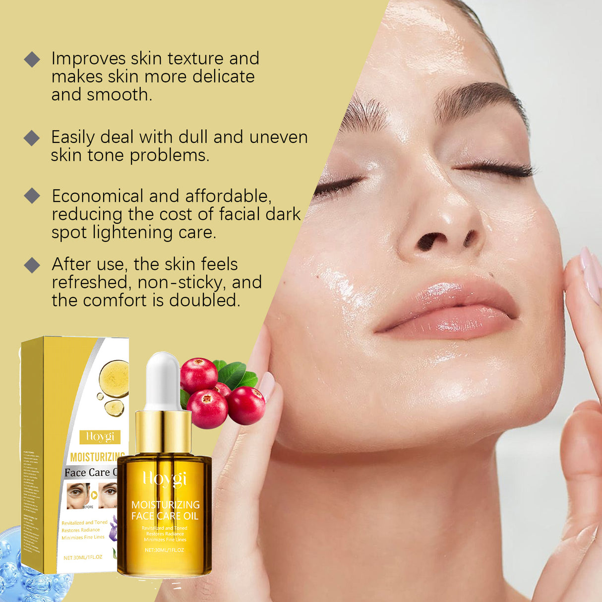 Aceite esencial para el cuidado facial que hidrata, tensa, ilumina, hidrata y suaviza la piel.