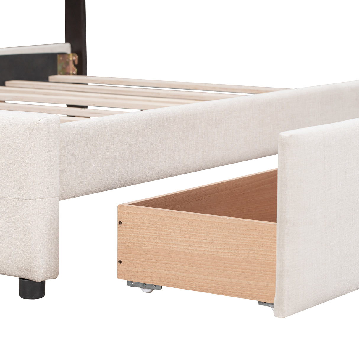 Upholstered Platform Bed with Classic Headboard and 4 Drawers No Box Spring Needed Linen Fabric Queen Size Beige - V.I.P Digital Presence