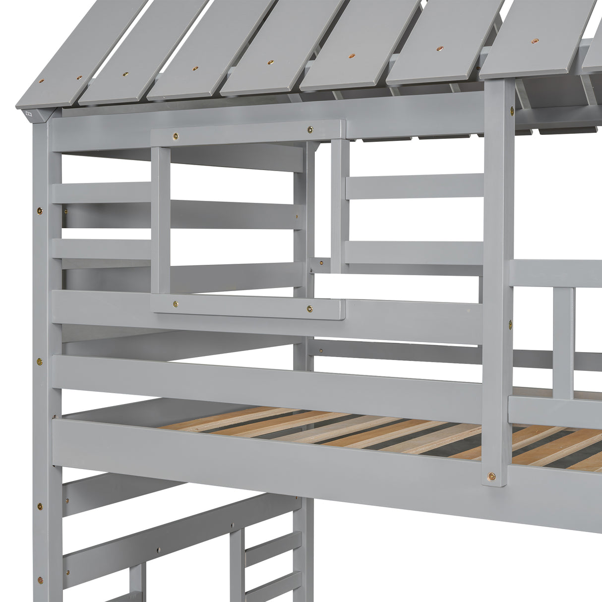 Twin over Twin House Bunk Bed with Trundle and Slide Storage Staircase, Roof and Window Design Gray