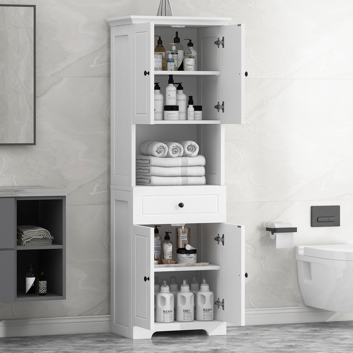 Tall Bathroom Cabinet with Four Doors, Large Storage Space Open Shelve, Upper Storage Cabinet, Whit - V.I.P Digital Presence