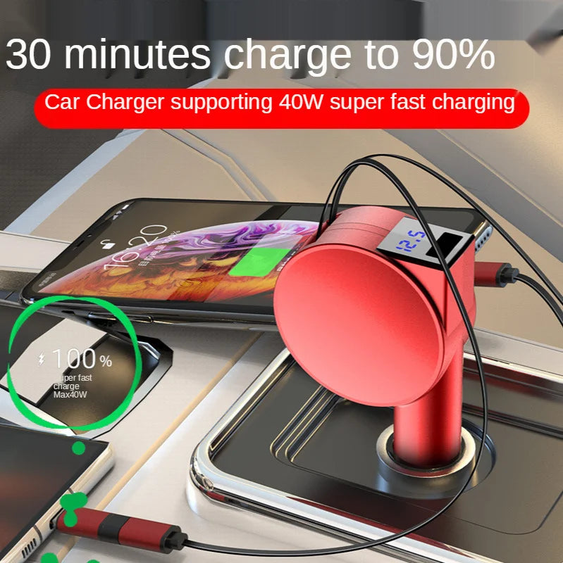 Vogek 3-in-1 Car Charger 60W Super Fast Charging for iPhone Xiaomi Huawei Samsung with Telescopic Charging Cables and Adapters - V.I.P Digital Presence