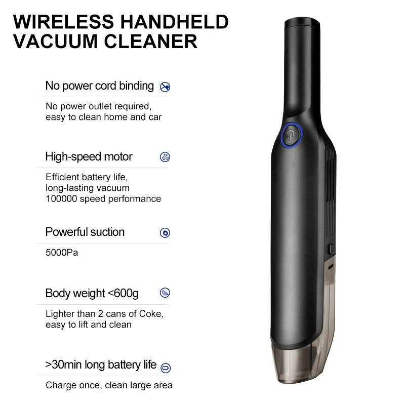 Handheld Wireless Vacuum Cleaner Rechargeable Cyclone Suction Car Vacuum Cleaner Cordless Wet/Dry Auto Portable for Car Home - V.I.P Digital Presence