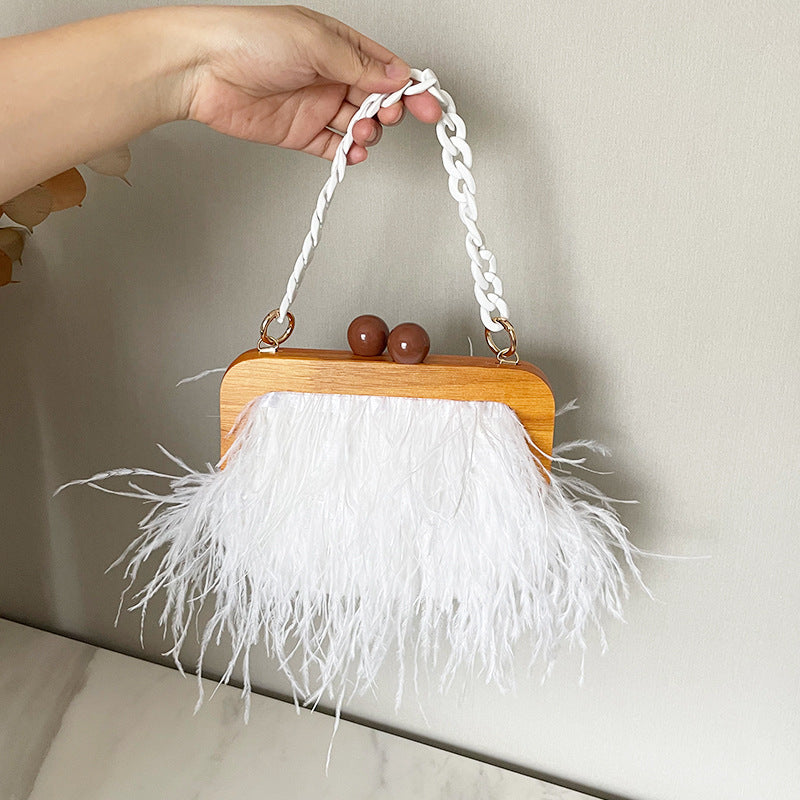 Acrylic Chain Hairy Banquet Bag Hairy Shoulder Underarm Bag Camel Bird Hair Wooden Frame Handbag for Women - V.I.P Digital Presence