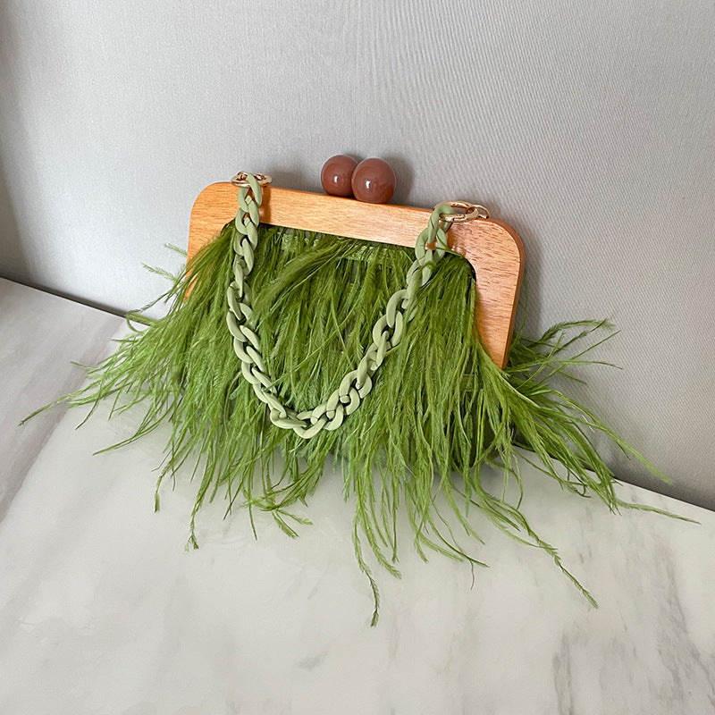 Acrylic Chain Hairy Banquet Bag Hairy Shoulder Underarm Bag Camel Bird Hair Wooden Frame Handbag for Women - V.I.P Digital Presence