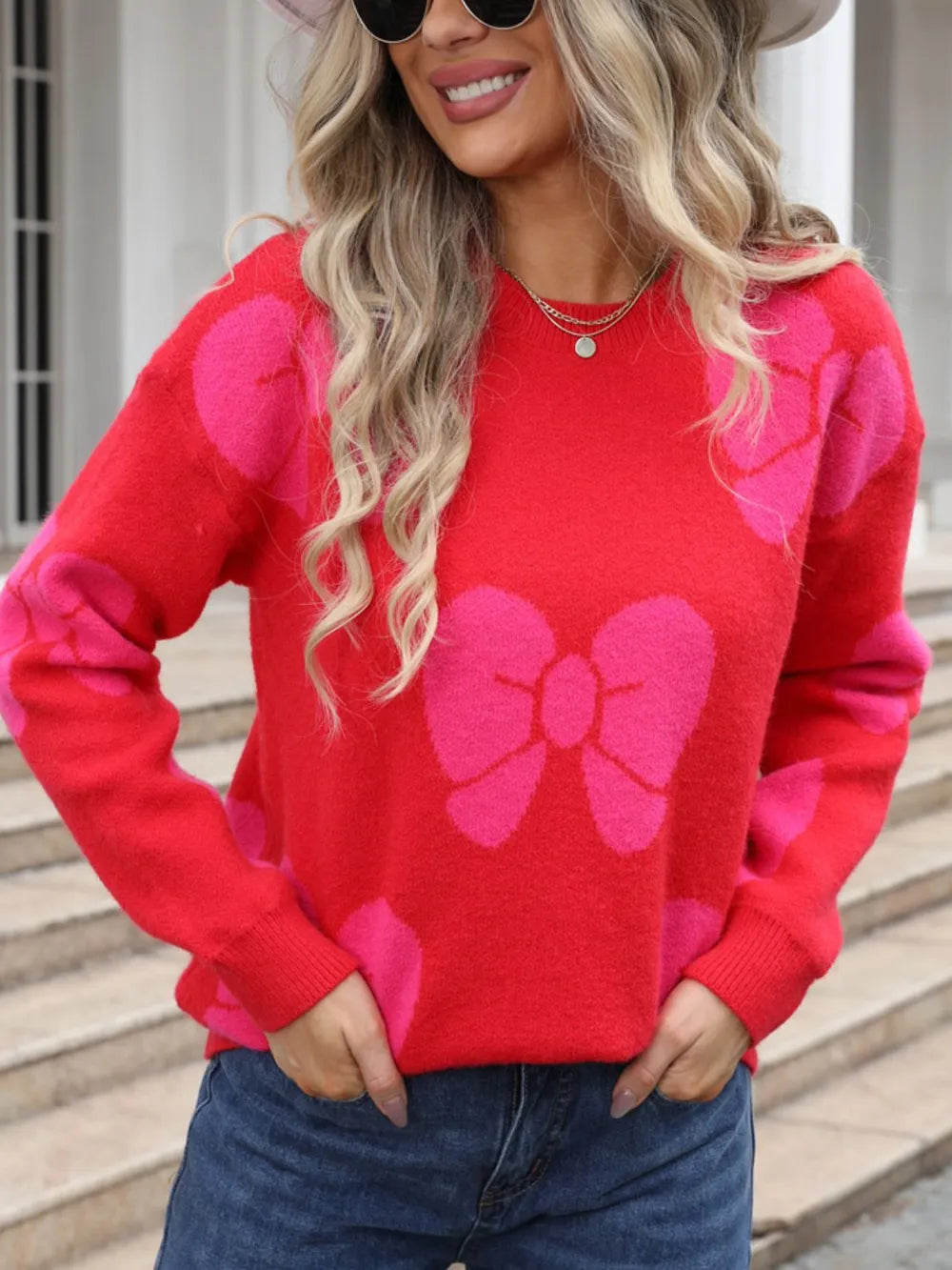 Angel Wings Bow Round Neck Dropped Shoulder Sweater - V.I.P Digital Presence
