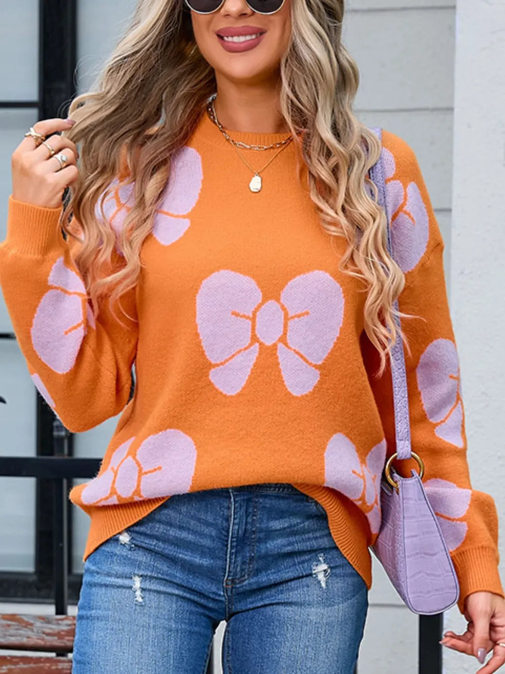 Angel Wings Bow Round Neck Dropped Shoulder Sweater - V.I.P Digital Presence