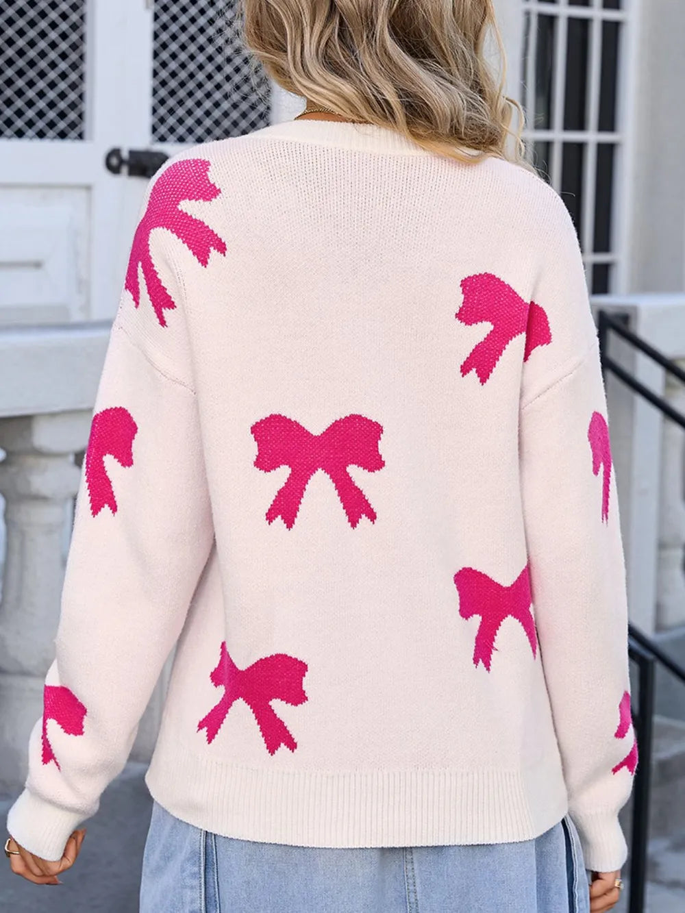 Angel Wings Bow Round Neck Dropped Shoulder Sweater - V.I.P Digital Presence