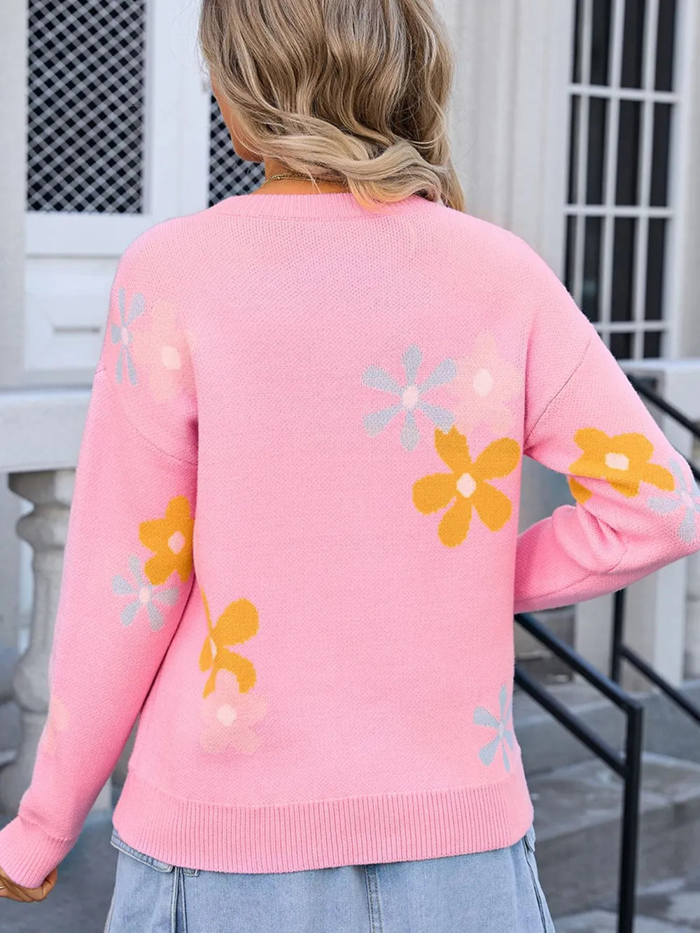 Angel Wings Flower Round Neck Dropped Shoulder Sweater - V.I.P Digital Presence
