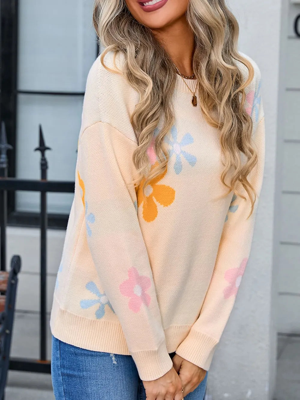 Angel Wings Flower Round Neck Dropped Shoulder Sweater - V.I.P Digital Presence