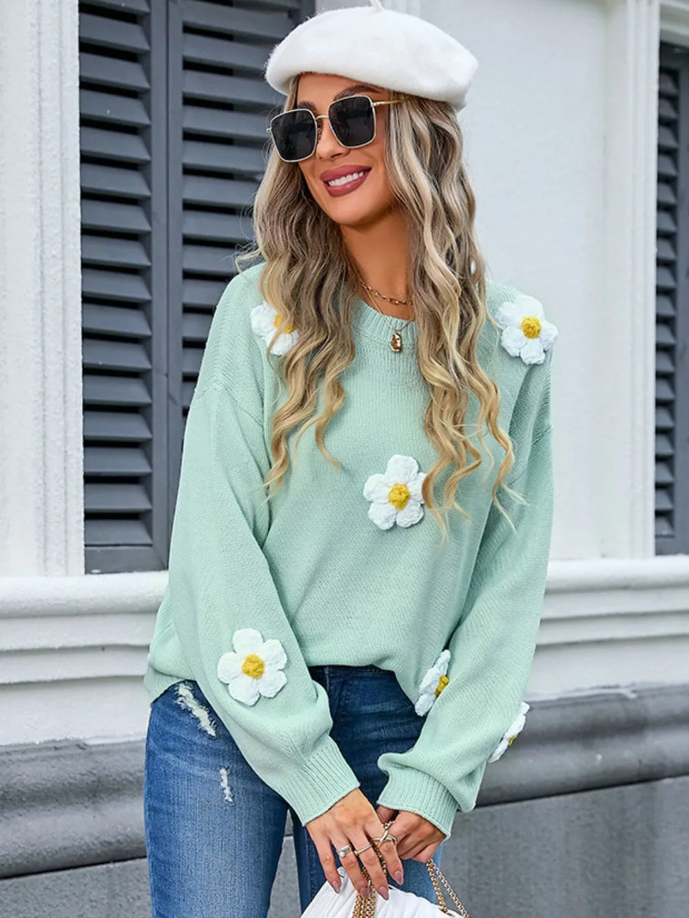 Angel Wings Flower Round Neck Long Sleeve Sweater - V.I.P Digital Presence