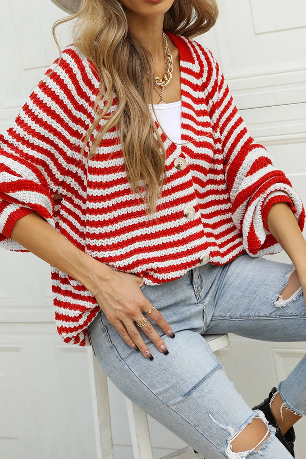 Angel Wings Striped Button Up Long Sleeve Cardigan - V.I.P Digital Presence