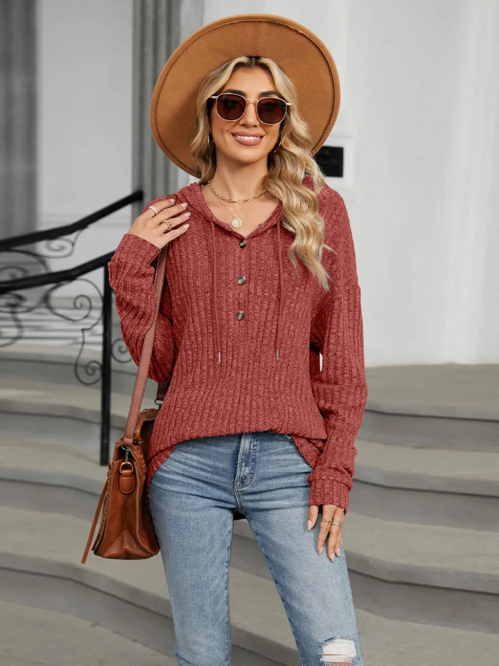 Autumn and winter new solid color hooded button loose long sleeved top - V.I.P Digital Presence