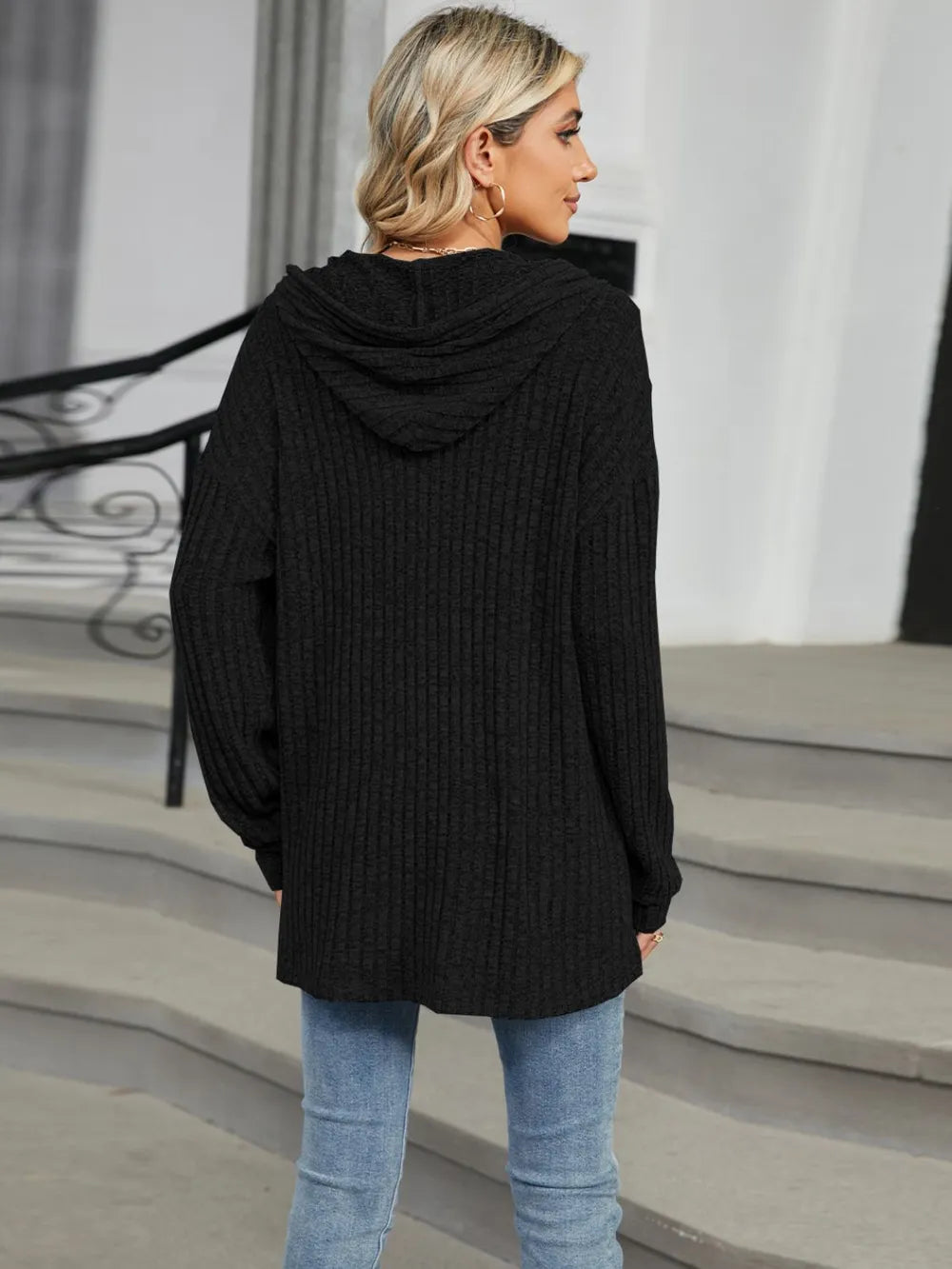 Autumn and winter new solid color hooded button loose long sleeved top - V.I.P Digital Presence