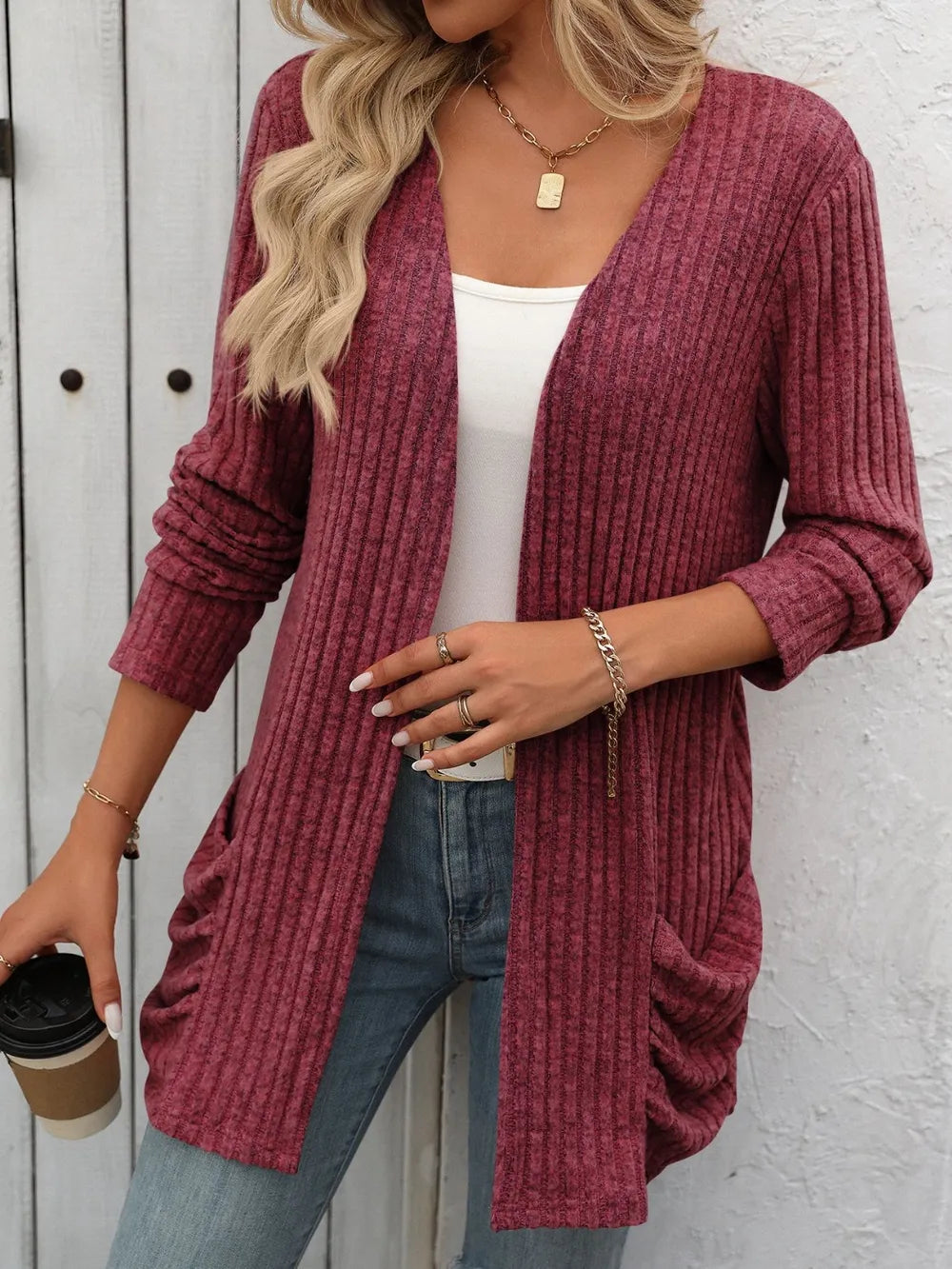 Autumn and winter new solid color pit stripe brushed pocket cardigan long sleeved jacket for women - V.I.P Digital Presence