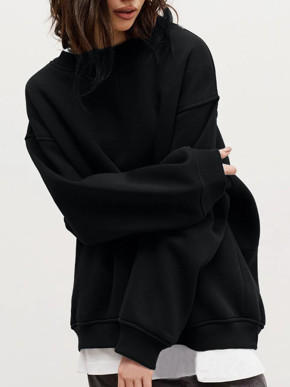 Autumn and winter new solid color round neck loose pullover sweatshirt long sleeved fleece sweater for women - V.I.P Digital Presence