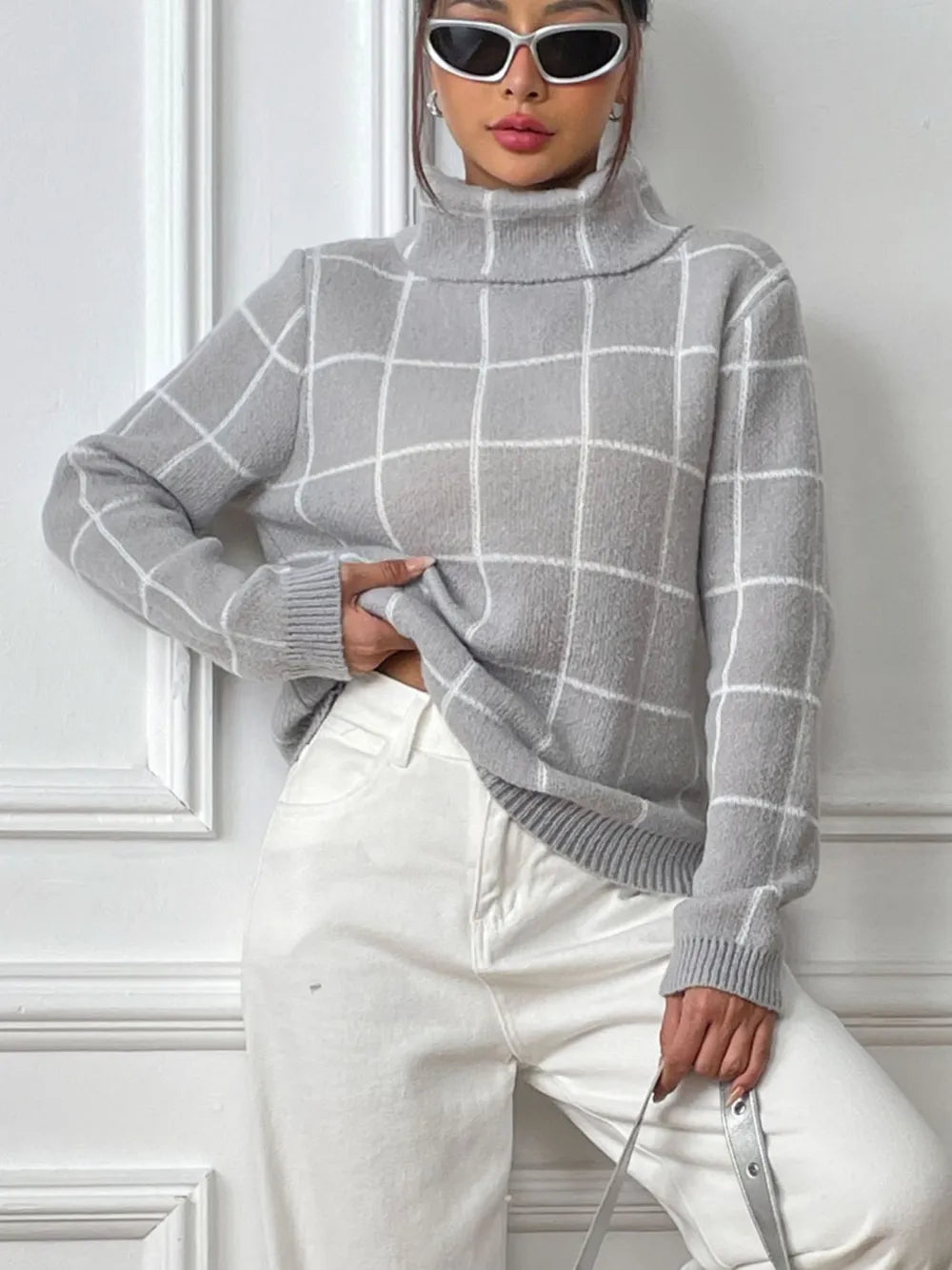 Bottom layer shirt contrasting plaid high neck sweater top - V.I.P Digital Presence