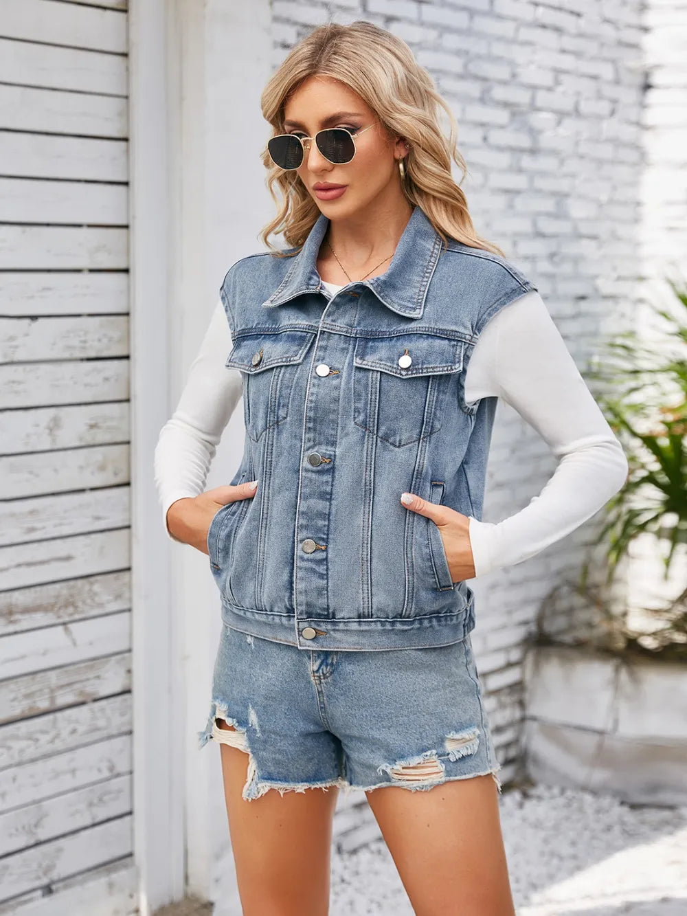 Button Up Cap Sleeve Denim Jacket - V.I.P Digital Presence
