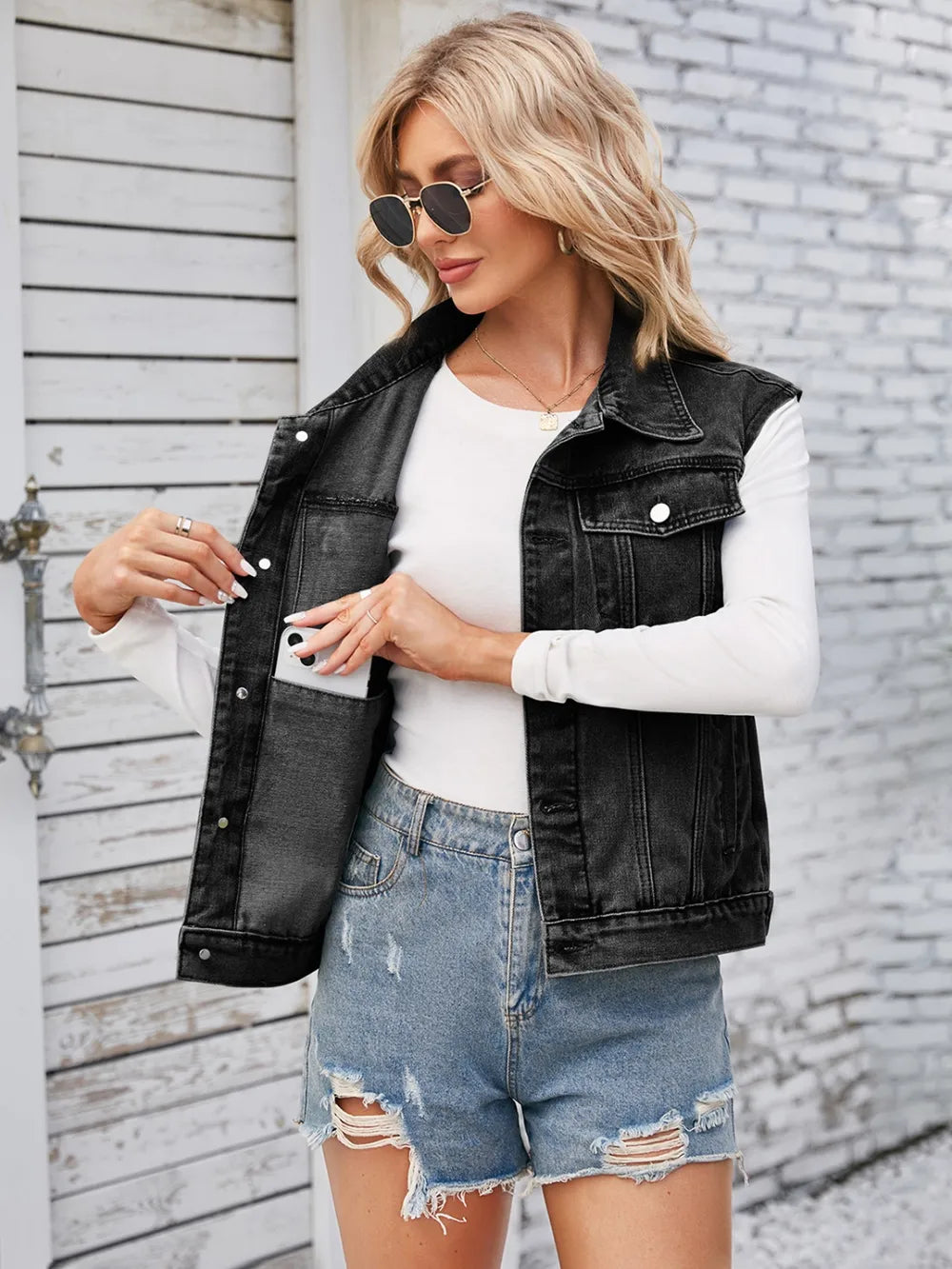 Button Up Cap Sleeve Denim Jacket - V.I.P Digital Presence
