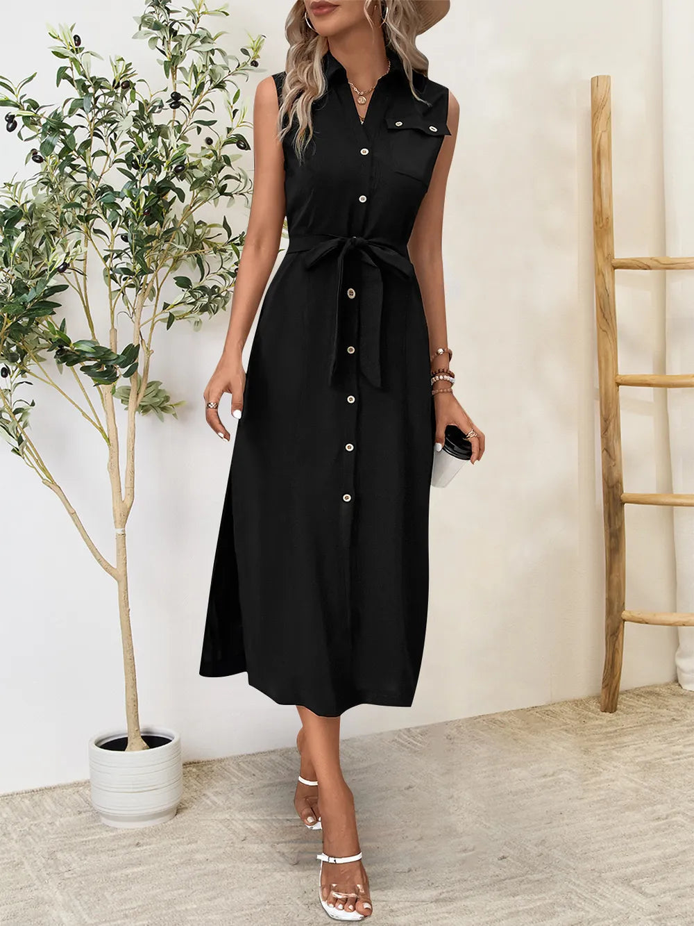 Button Up Sleeveless Midi Dress - V.I.P Digital Presence