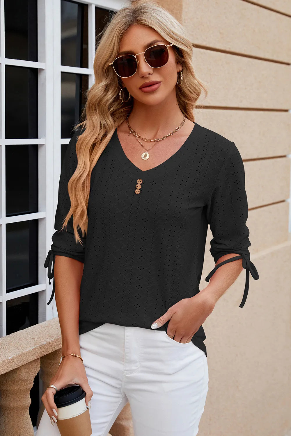 Button V-neck solid color mid sleeve loose T-shirt top for women's wear - V.I.P Digital Presence