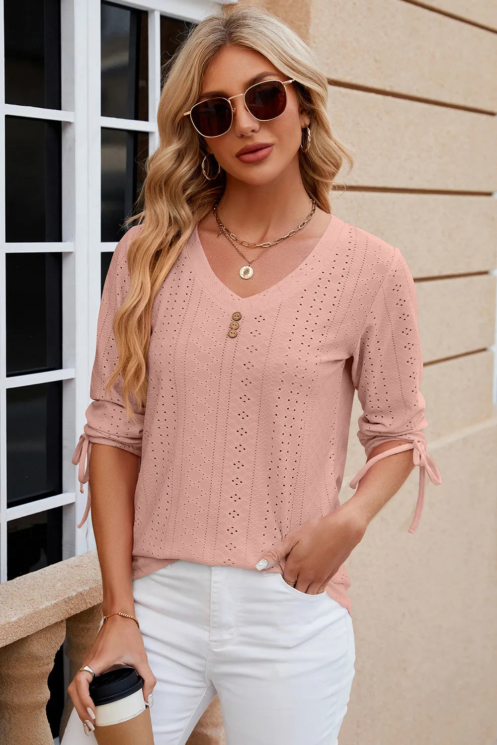 Button V-neck solid color mid sleeve loose T-shirt top for women's wear - V.I.P Digital Presence