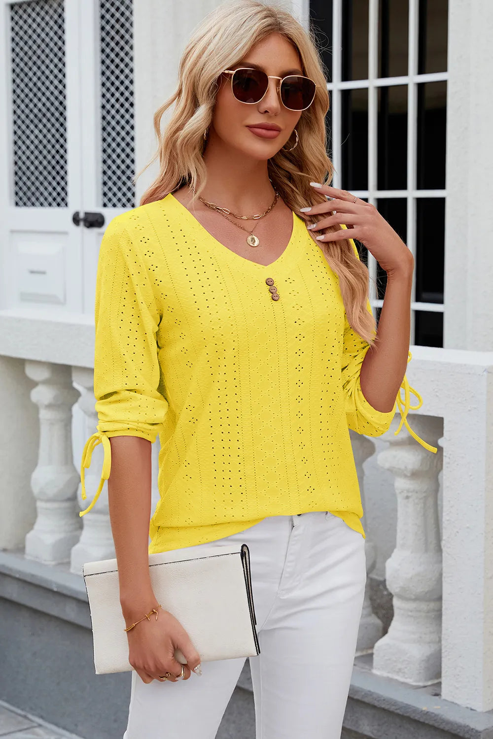 Button V-neck solid color mid sleeve loose T-shirt top for women's wear - V.I.P Digital Presence