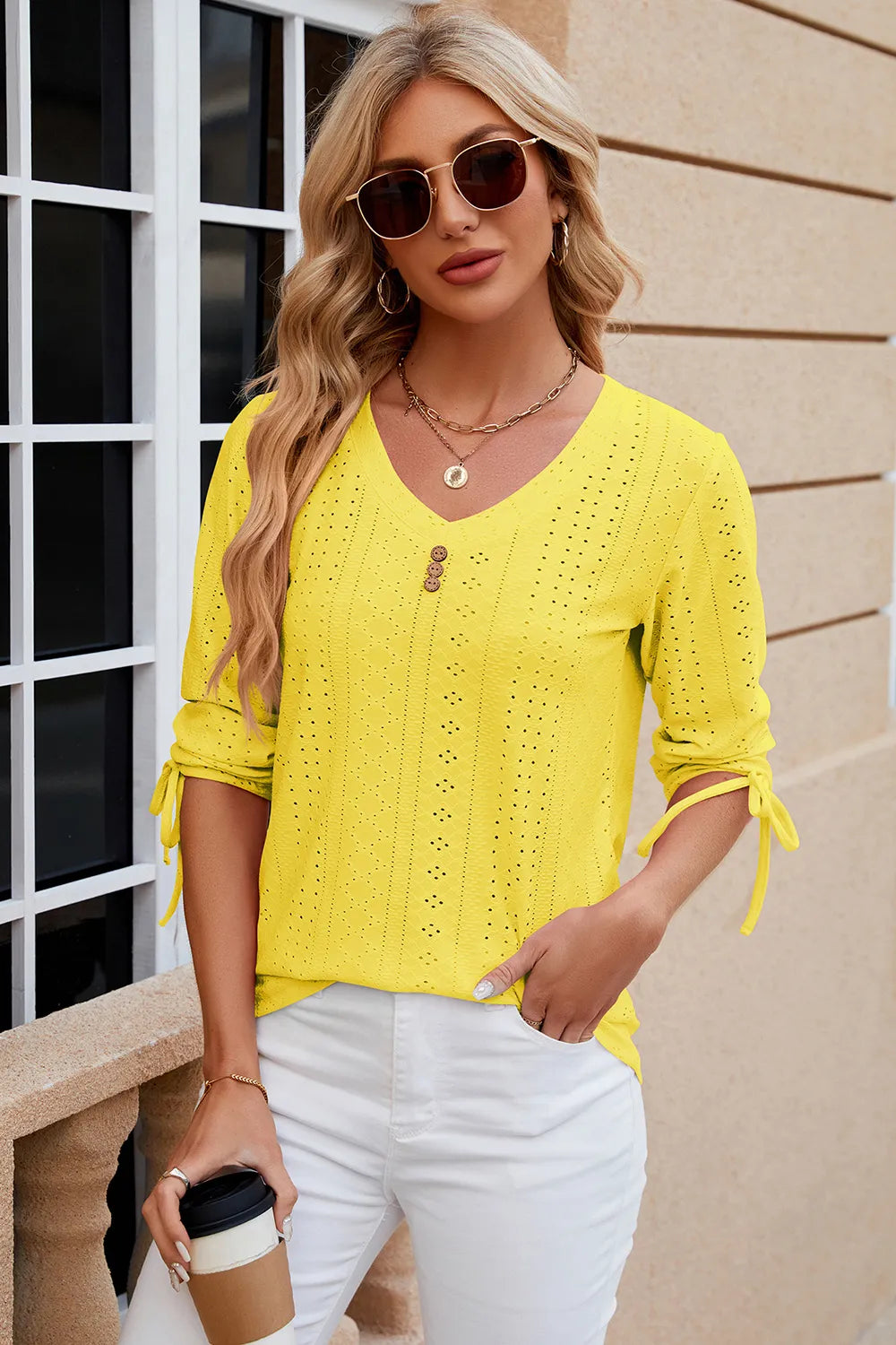 Button V-neck solid color mid sleeve loose T-shirt top for women's wear - V.I.P Digital Presence