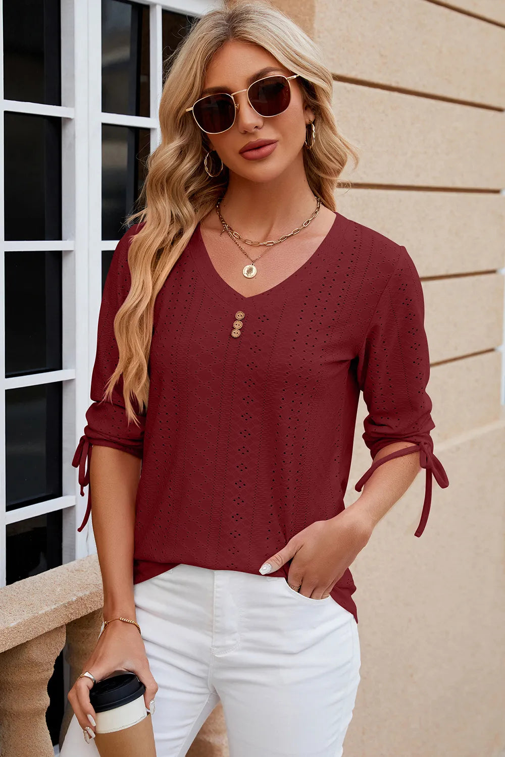 Button V-neck solid color mid sleeve loose T-shirt top for women's wear - V.I.P Digital Presence