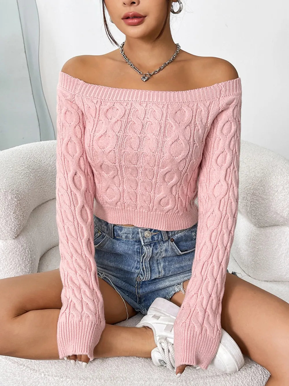 Cable-Knit Off-Shoulder Long Sleeve Knit Top - V.I.P Digital Presence