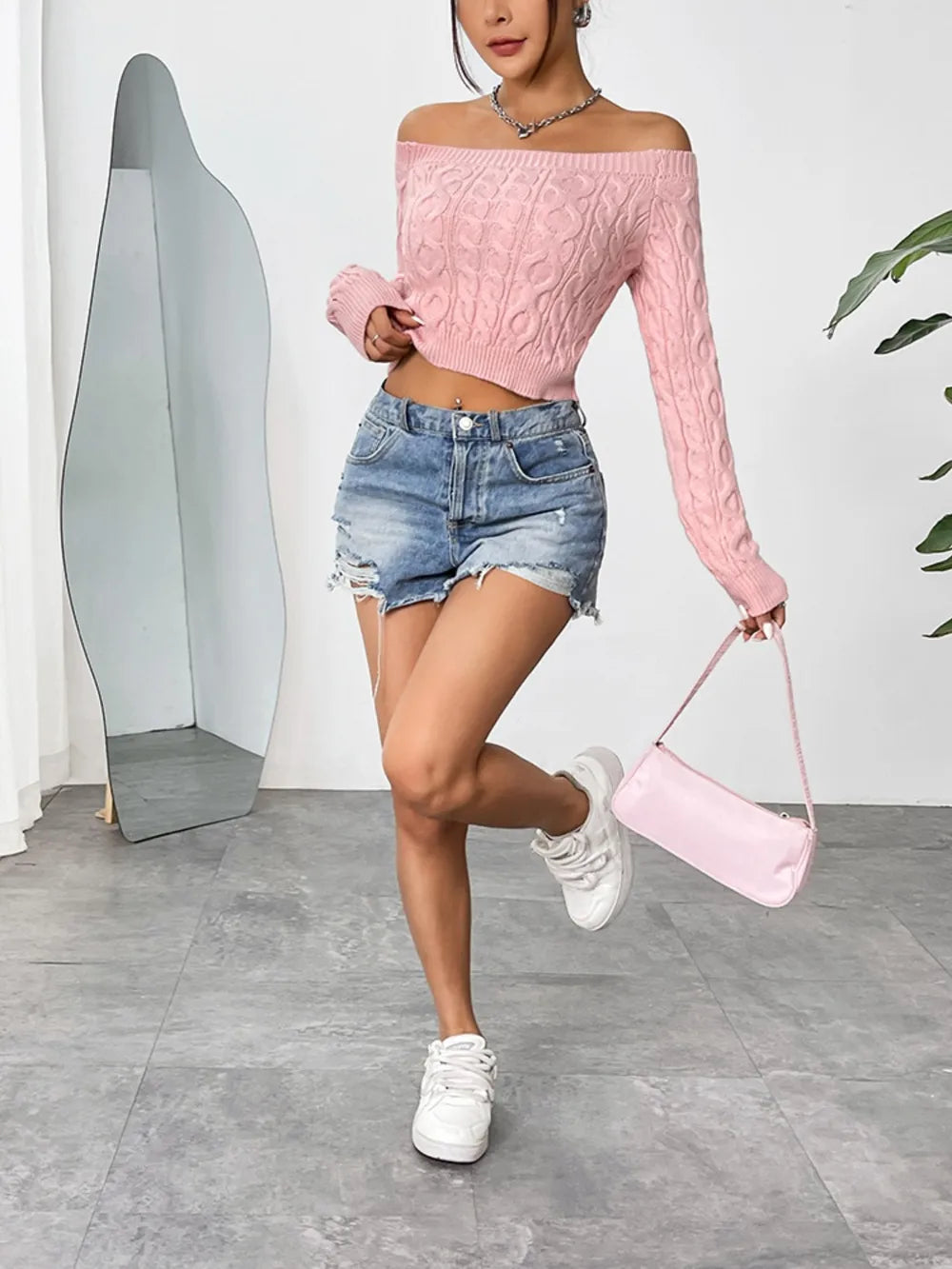 Cable-Knit Off-Shoulder Long Sleeve Knit Top - V.I.P Digital Presence