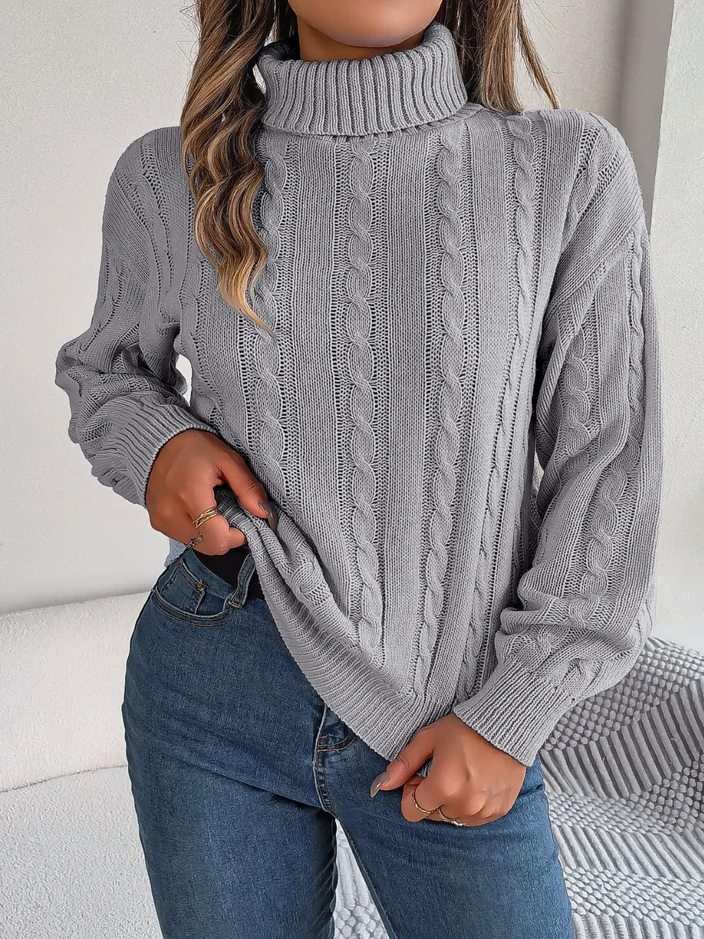 Cable-Knit Turtleneck Dropped Shoulder Sweater - V.I.P Digital Presence