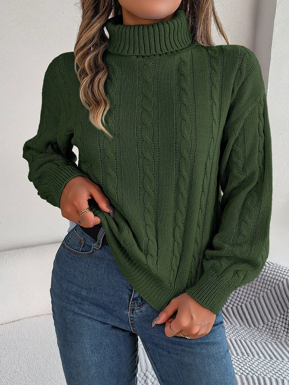 Cable-Knit Turtleneck Dropped Shoulder Sweater - V.I.P Digital Presence