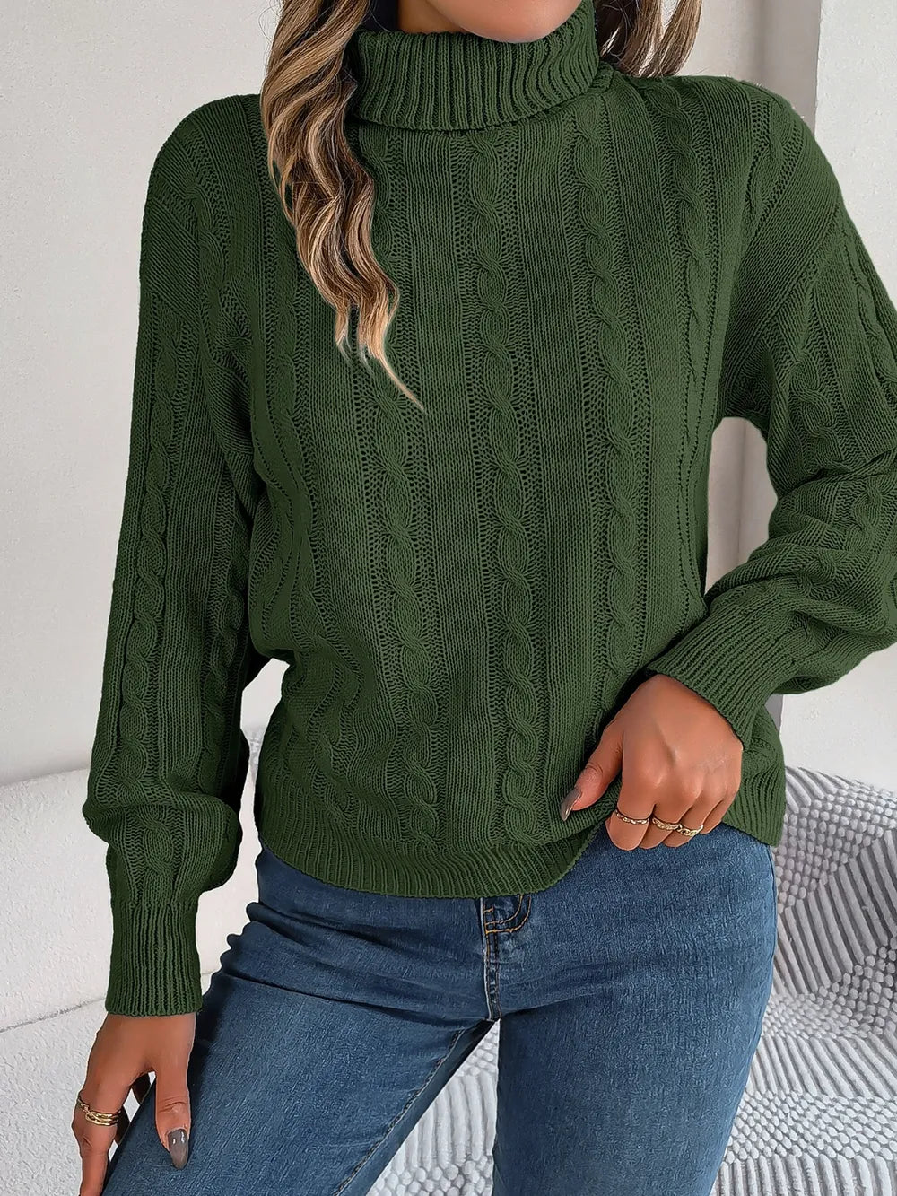 Cable-Knit Turtleneck Dropped Shoulder Sweater - V.I.P Digital Presence