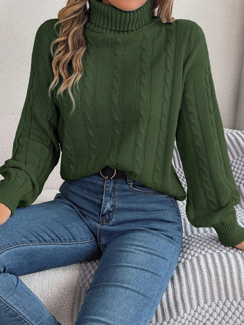 Cable-Knit Turtleneck Dropped Shoulder Sweater - V.I.P Digital Presence