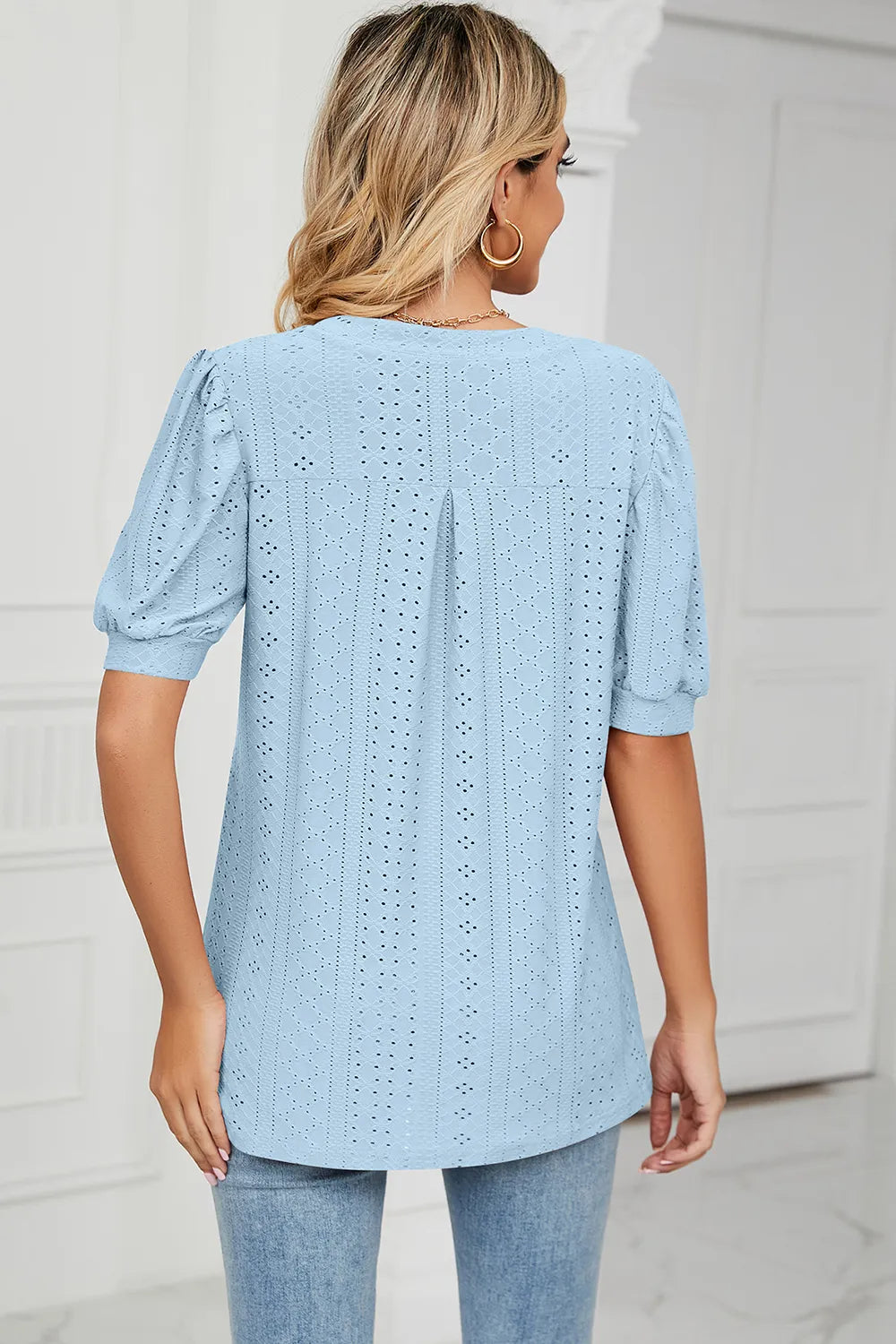 Casual V-neck solid color hollow bubble sleeve loose T-shirt top for women - V.I.P Digital Presence
