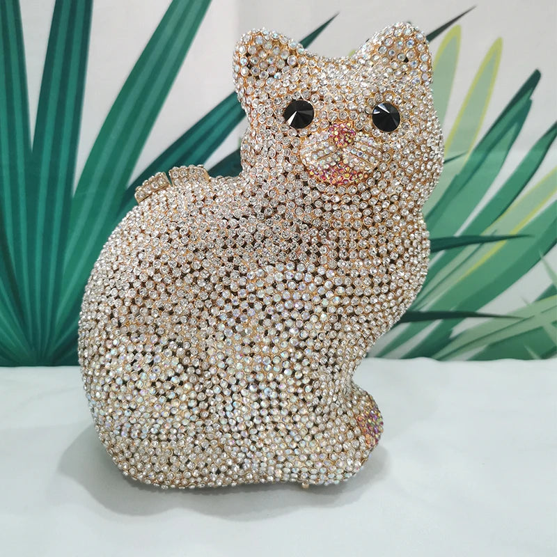 Cat Shape Women Crystal Clutches Bags Evening Purse White Rhinestone Gold Metal Clutch Party Mini Minaudiere Prom Chain Handbags - V.I.P Digital Presence
