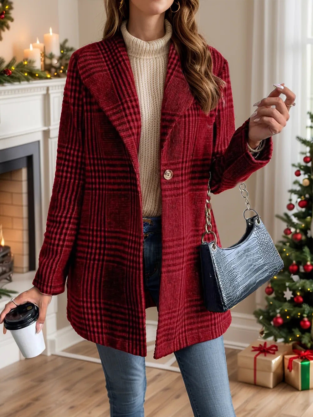 Collar woolen plaid coat with slim fit temperament - V.I.P Digital Presence