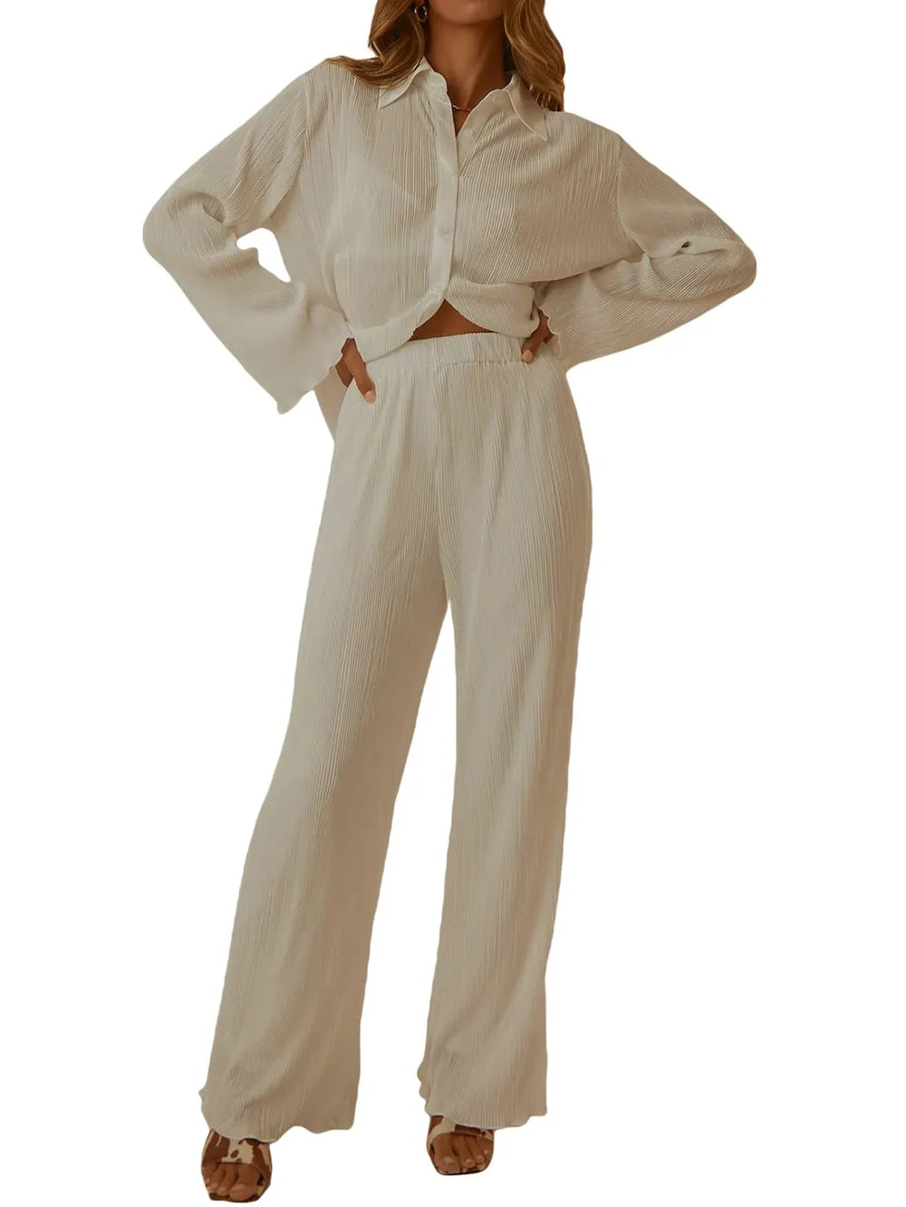 Collared Neck Long Sleeve Top and Pants Lounge Set - V.I.P Digital Presence