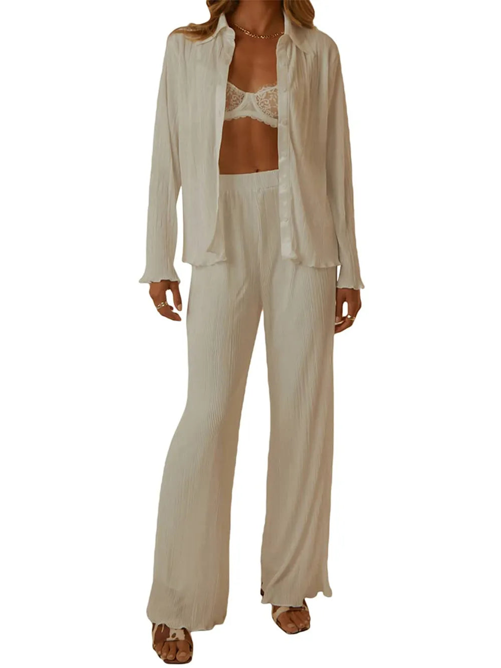 Collared Neck Long Sleeve Top and Pants Lounge Set - V.I.P Digital Presence