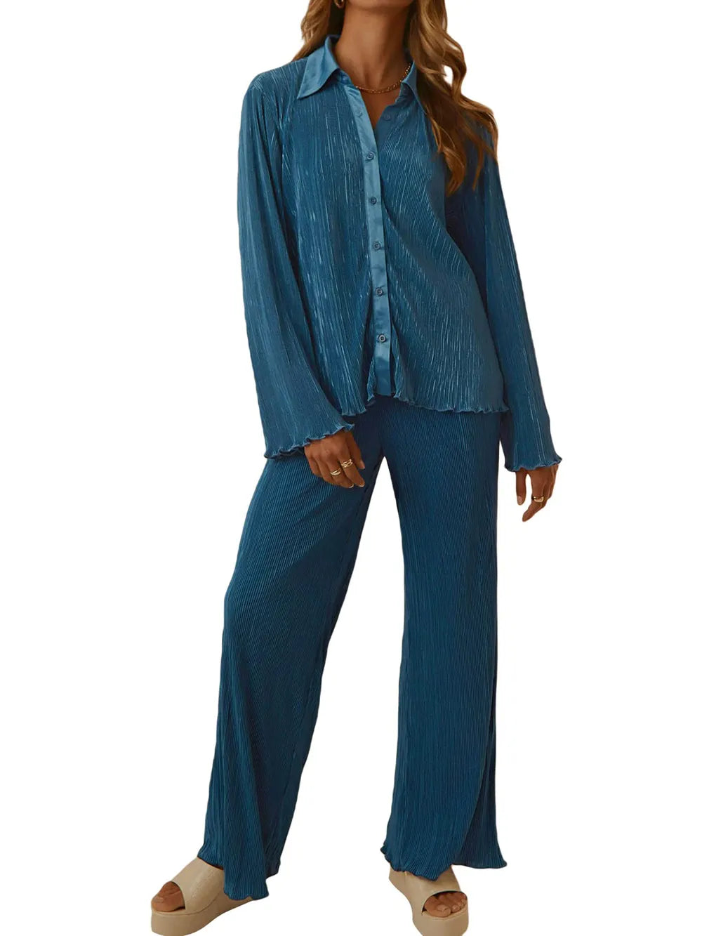 Collared Neck Long Sleeve Top and Pants Lounge Set - V.I.P Digital Presence
