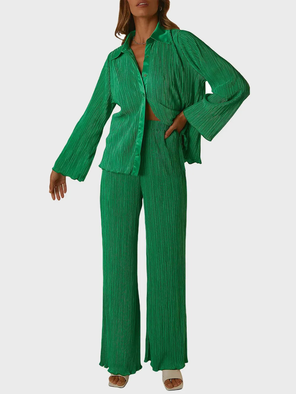 Collared Neck Long Sleeve Top and Pants Lounge Set - V.I.P Digital Presence