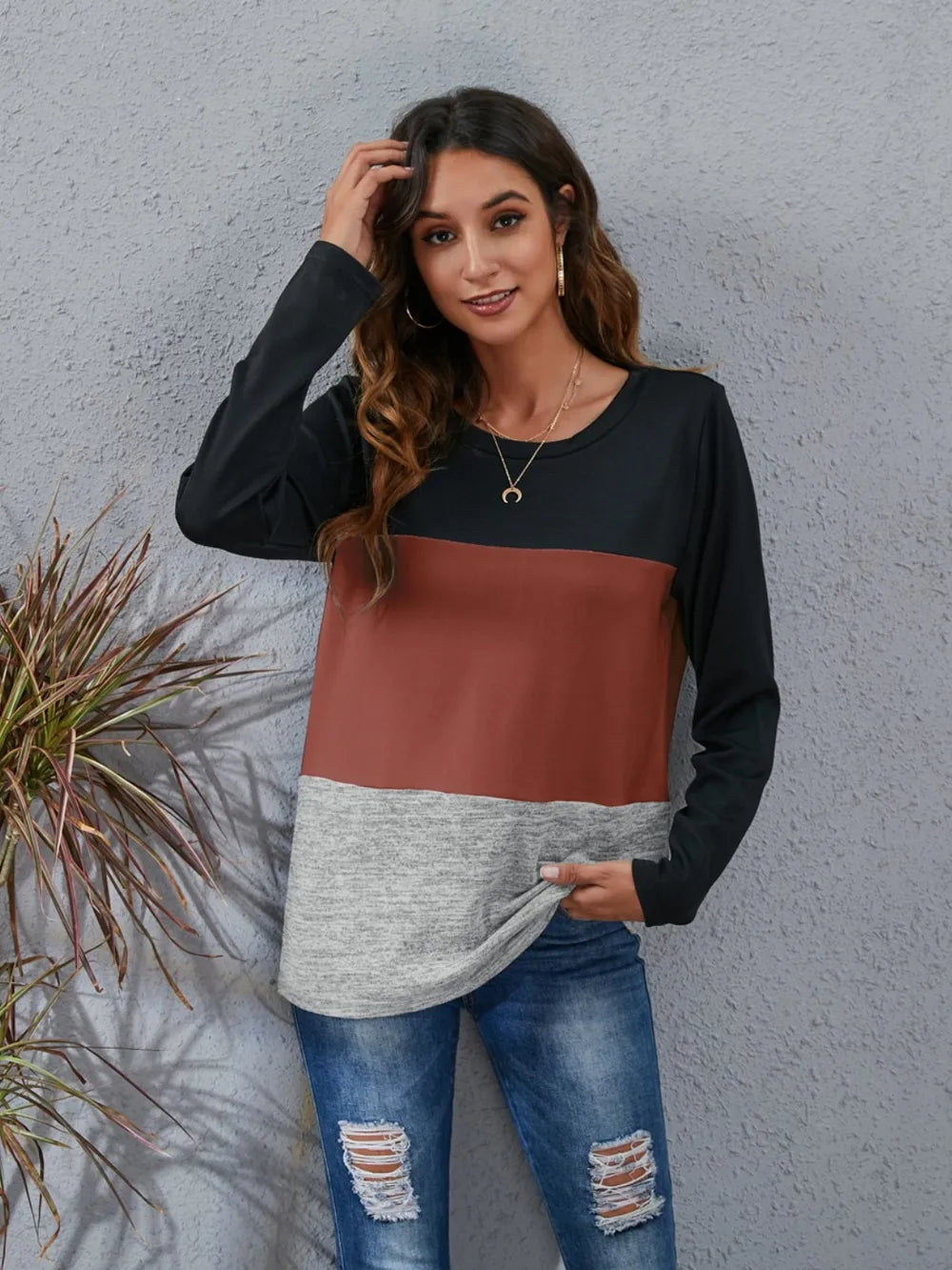 Color Block Round Neck Long Sleeve T-Shirt - V.I.P Digital Presence