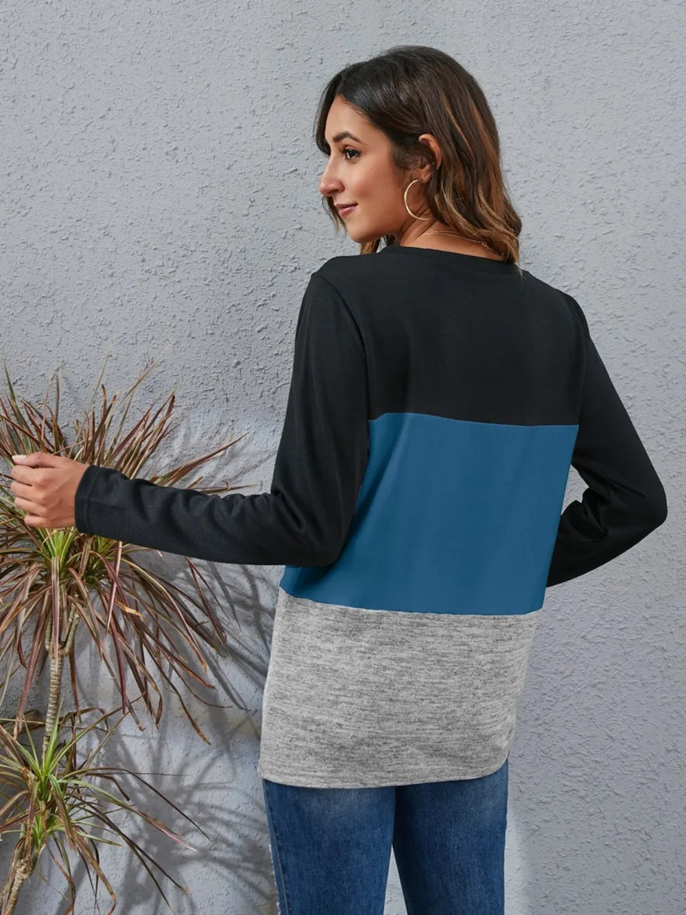 Color Block Round Neck Long Sleeve T-Shirt - V.I.P Digital Presence