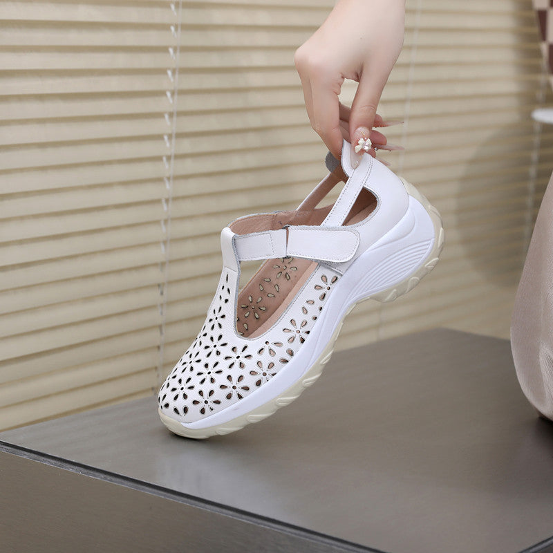 Comfortable flat heeled women's shoes with laser cut holes in the cowhide toe layer sandals with soft low and oversized shoes - V.I.P Digital Presence