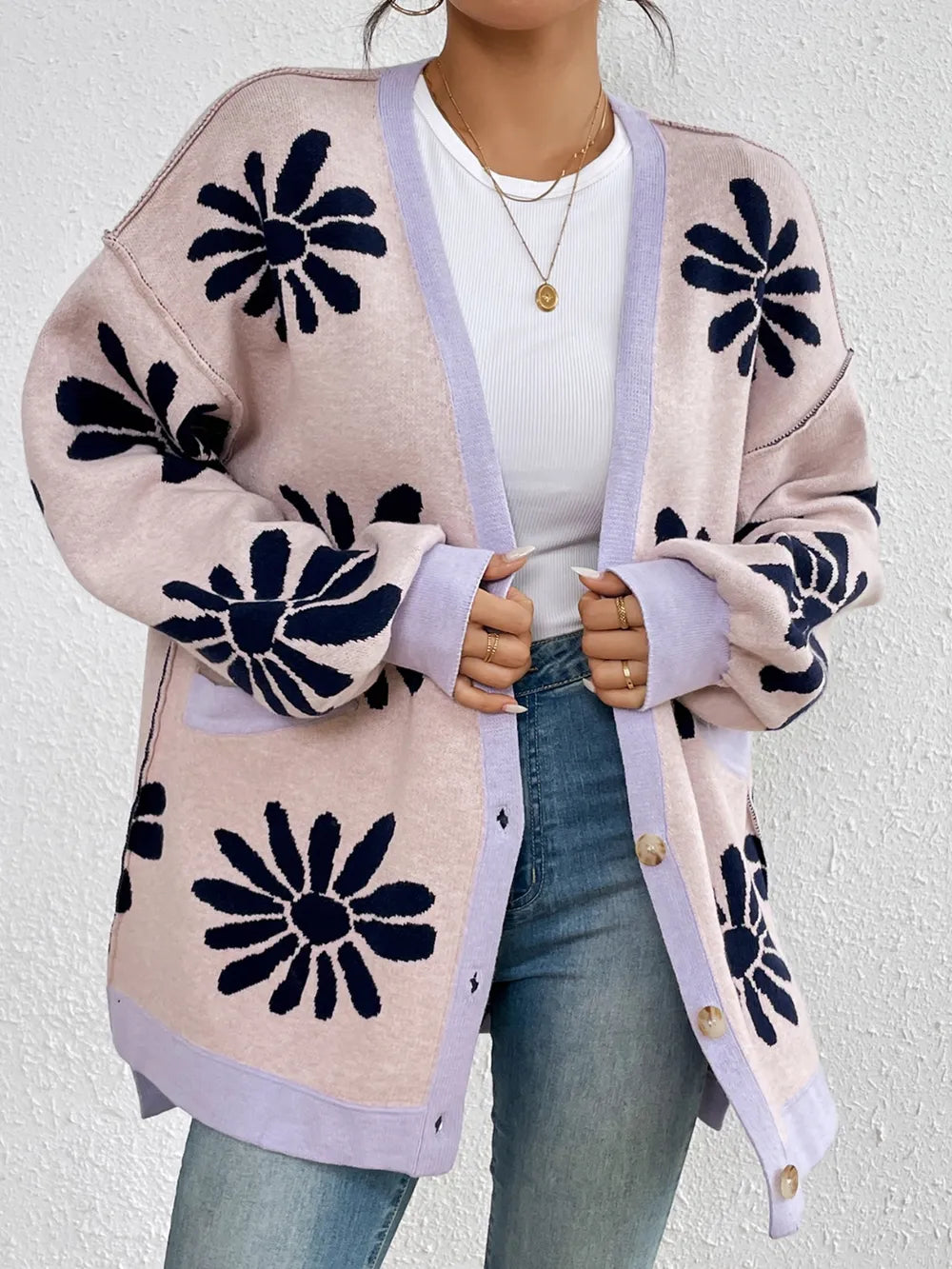 Contrast Dropped Shoulder Long Sleeve Cardigan - V.I.P Digital Presence