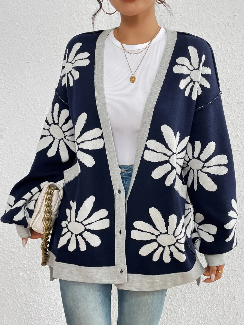 Contrast Dropped Shoulder Long Sleeve Cardigan - V.I.P Digital Presence