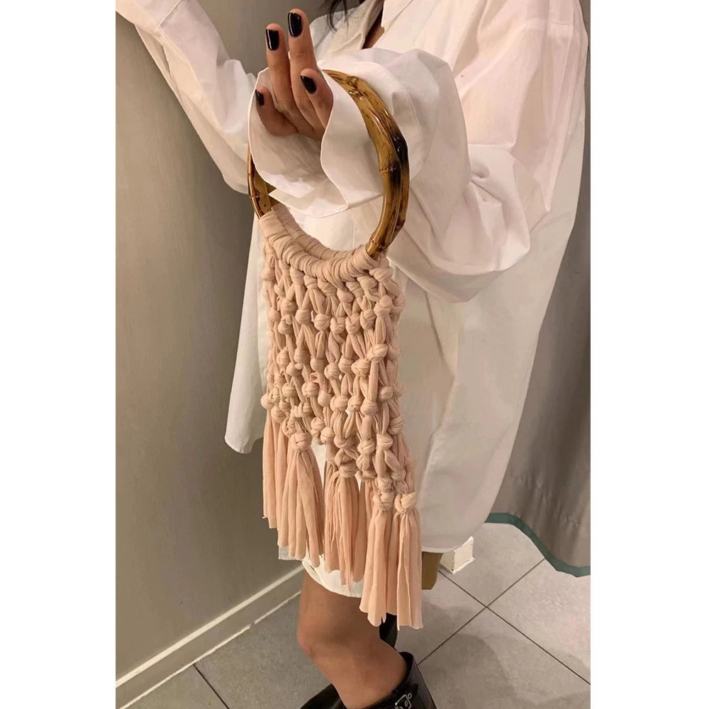Cotton Knitted Tassel Hollow Bag DIY Hand Woven Bag Circular Handheld Small Bag - V.I.P Digital Presence