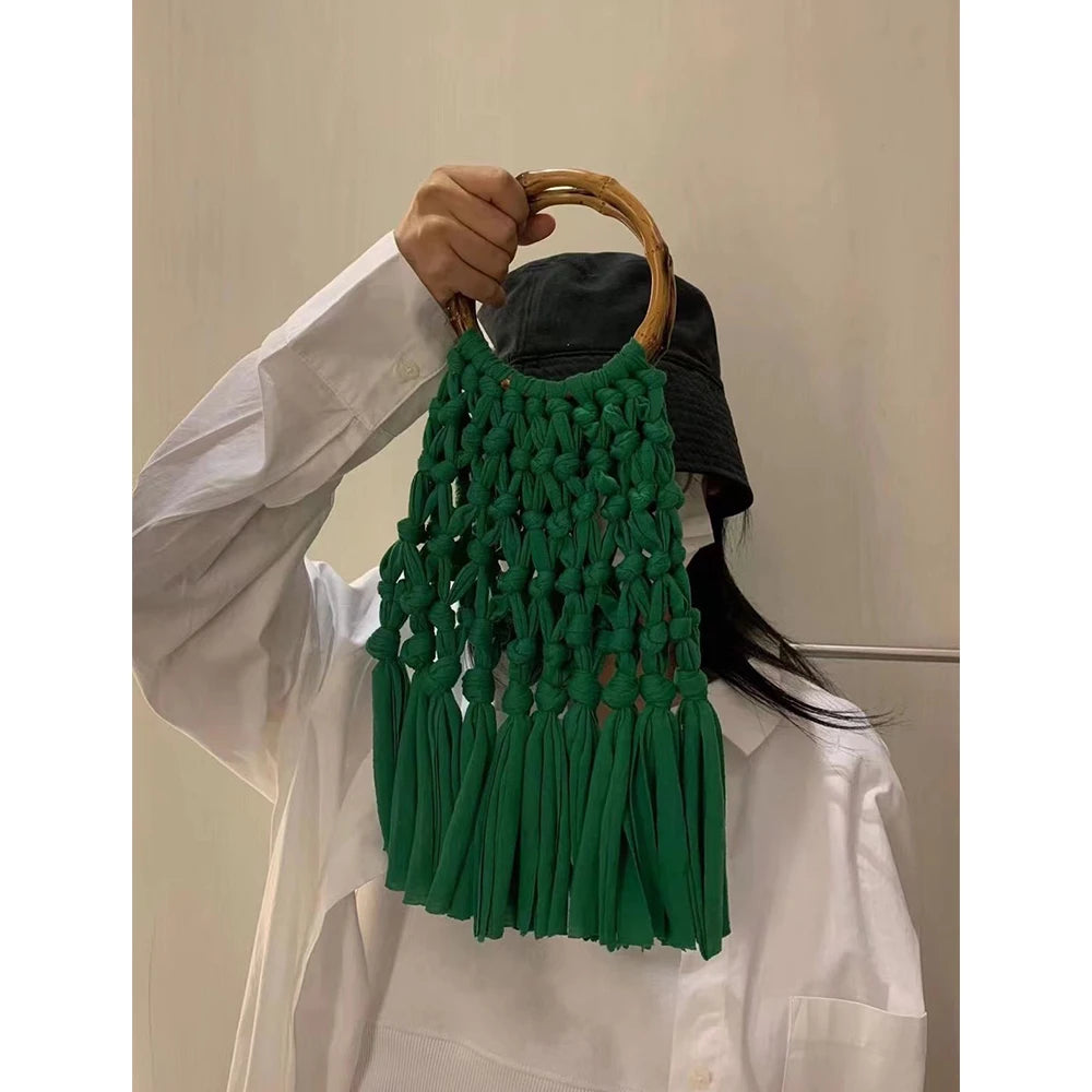 Cotton Knitted Tassel Hollow Bag DIY Hand Woven Bag Circular Handheld Small Bag - V.I.P Digital Presence