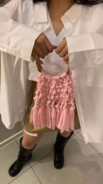 Cotton Knitted Tassel Hollow Bag DIY Hand Woven Bag Circular Handheld Small Bag - V.I.P Digital Presence